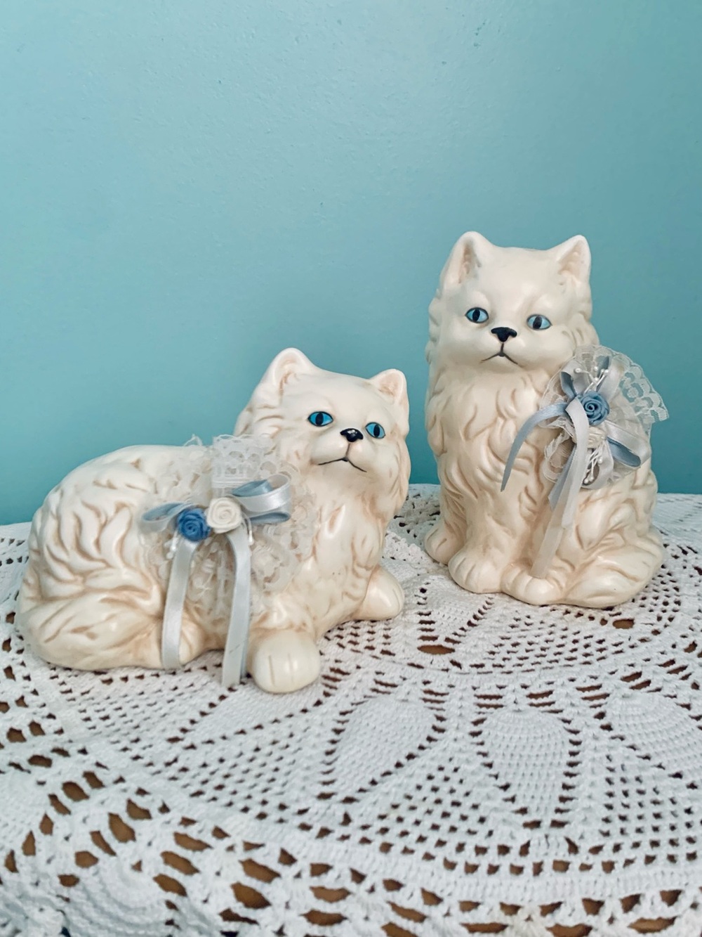 Vintage White Ceramic Persian Cat Figurines with Blue Accent Bows